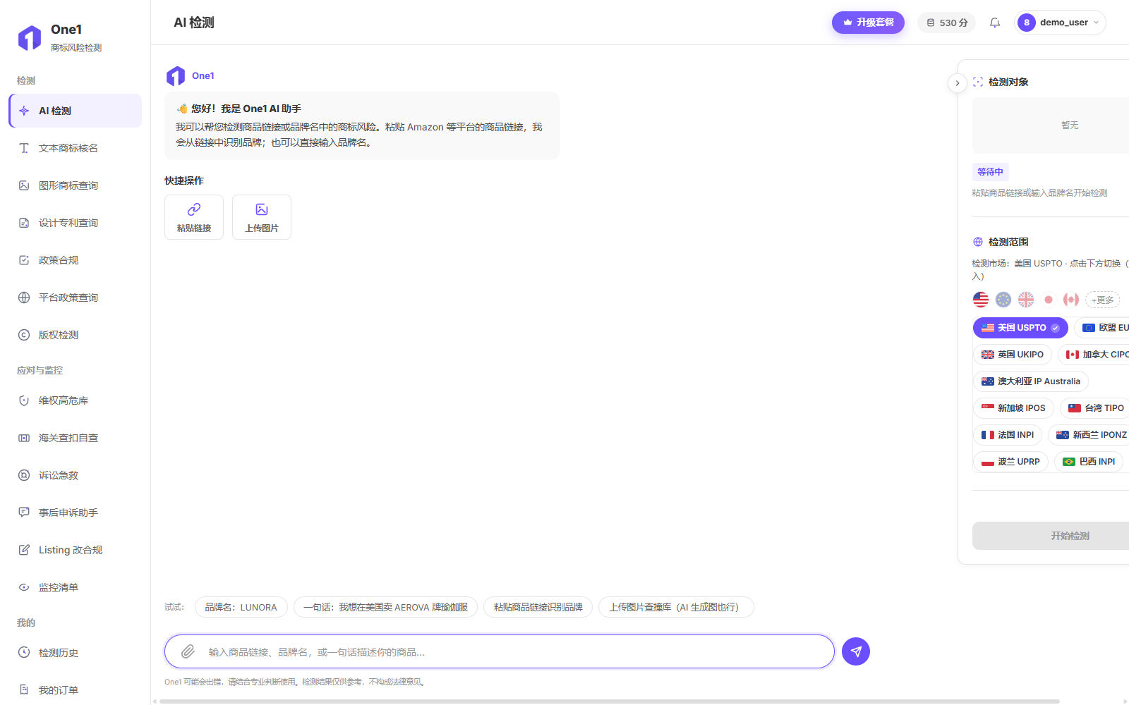 AI 检测页:对话式助手,可粘贴商品链接、输入品牌名或上传图片,右侧显示检测对象与检测范围(多国)