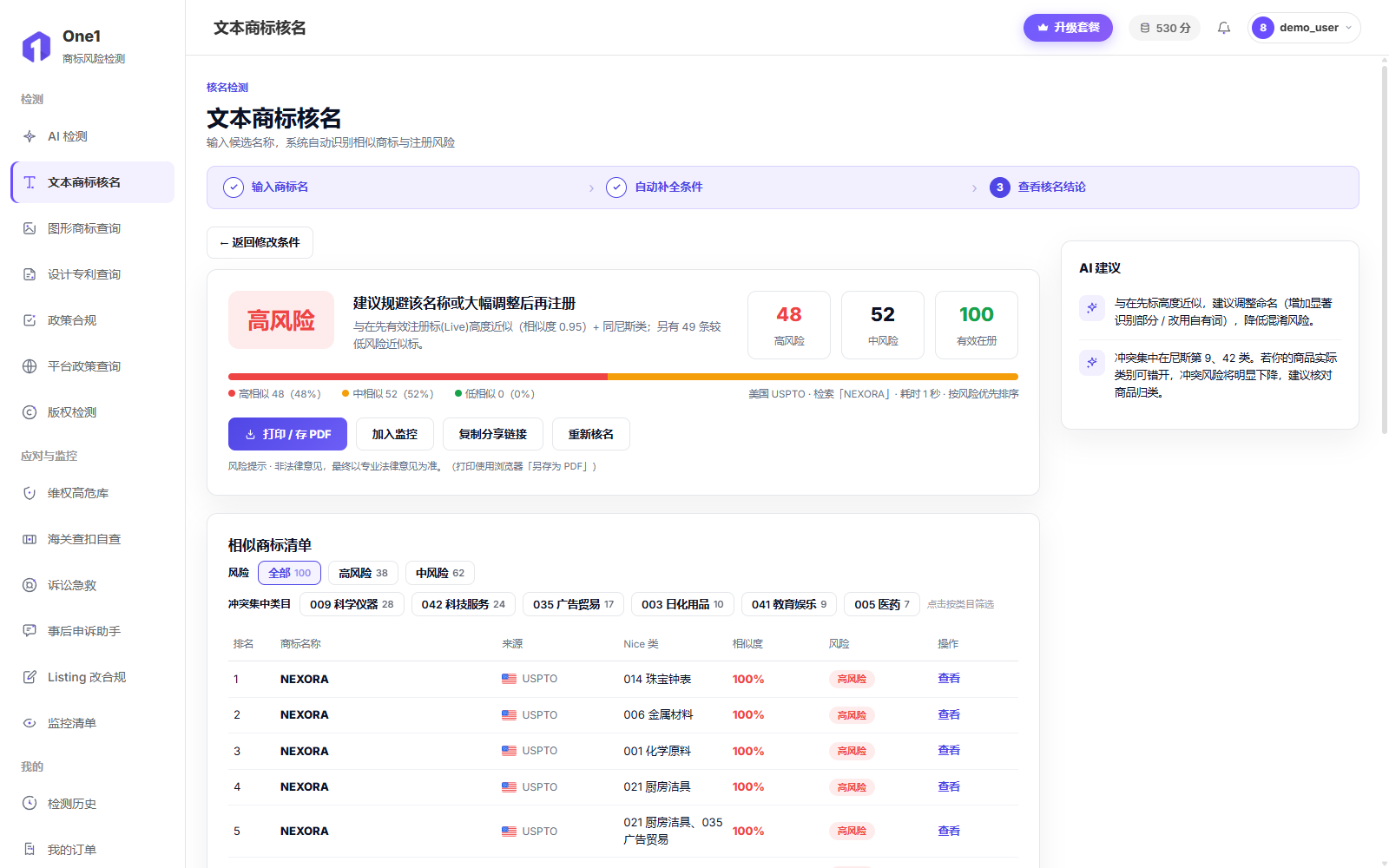 核名结论页:红色「高风险」结论卡给出建议,附高/中/低相似度分布条、相似商标清单与冲突集中的 Nice 类目芯片